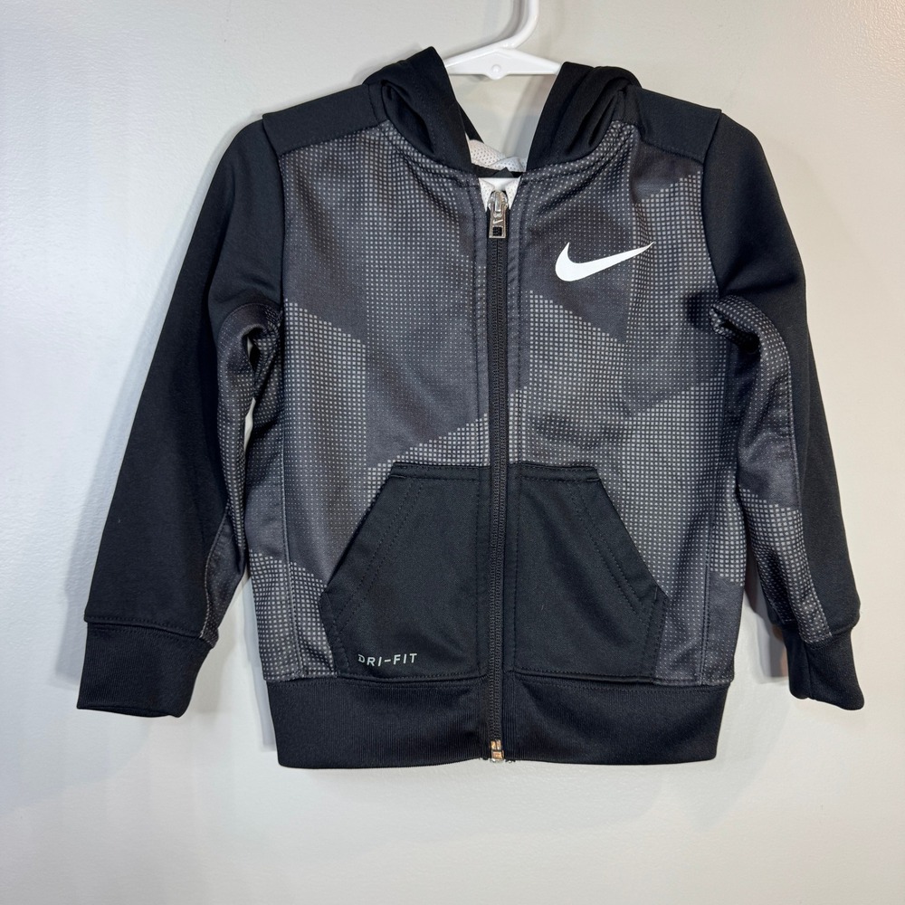 Nike Dri Fit Track Jacket Toddler 2T Black Gray Full‎ Zip Hooded Sweatshirt